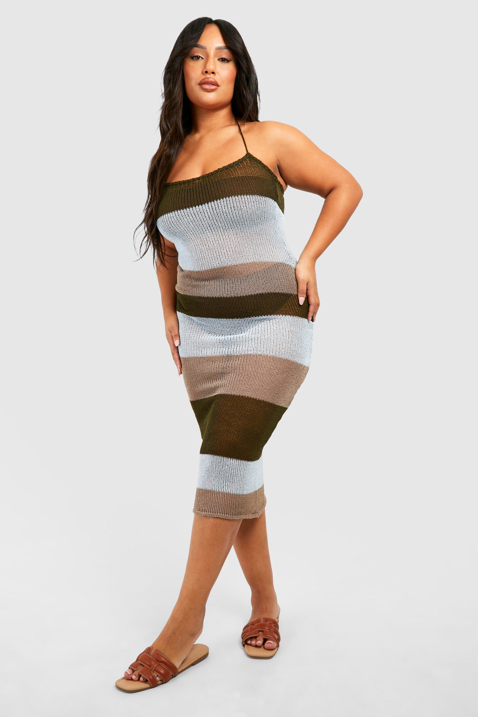 Image of Plus Crochet Stripped Midaxi Beach Dress, Verde