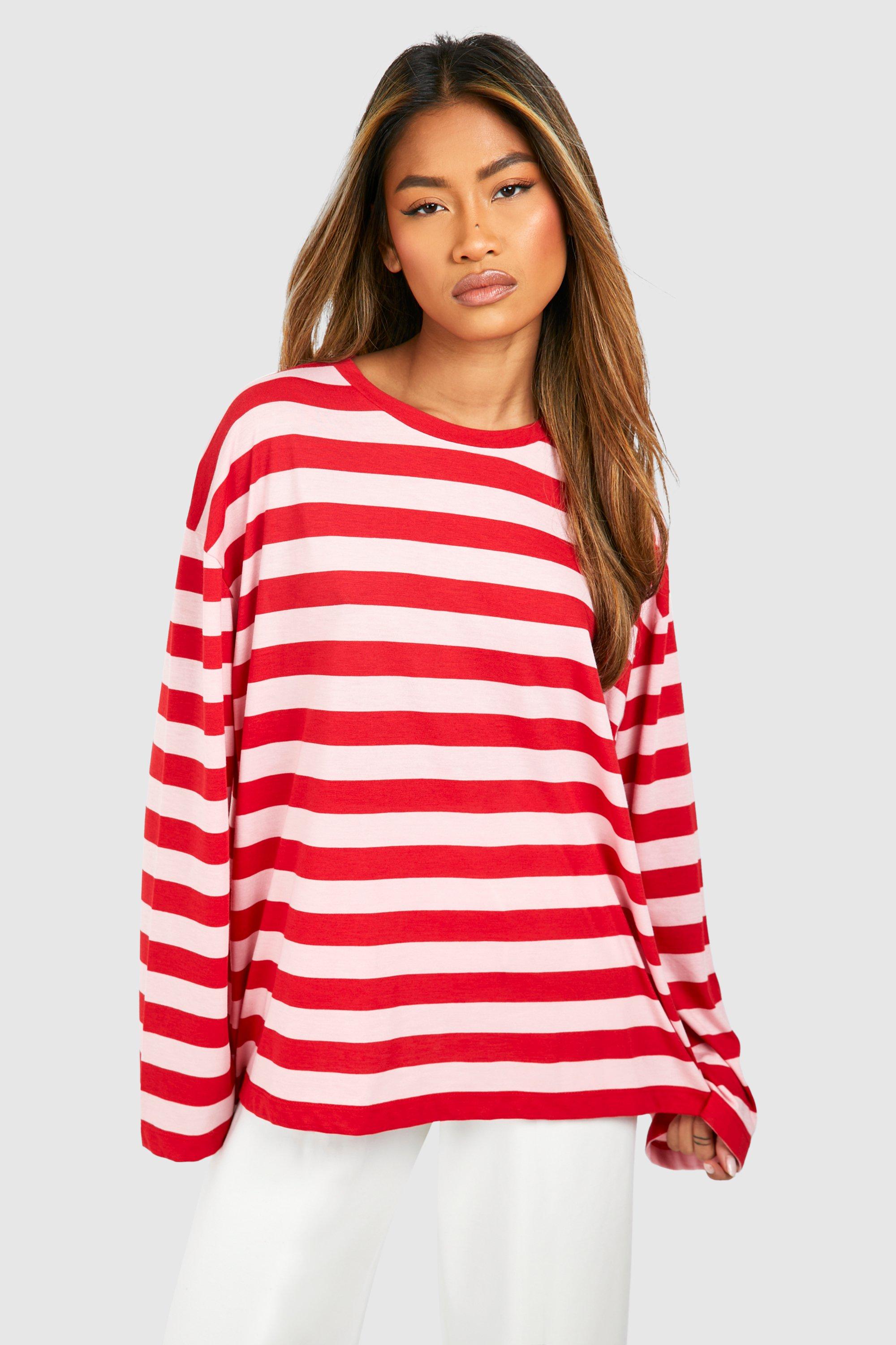 Image of Wide Sleeve Stripe T-shirt, Rosso