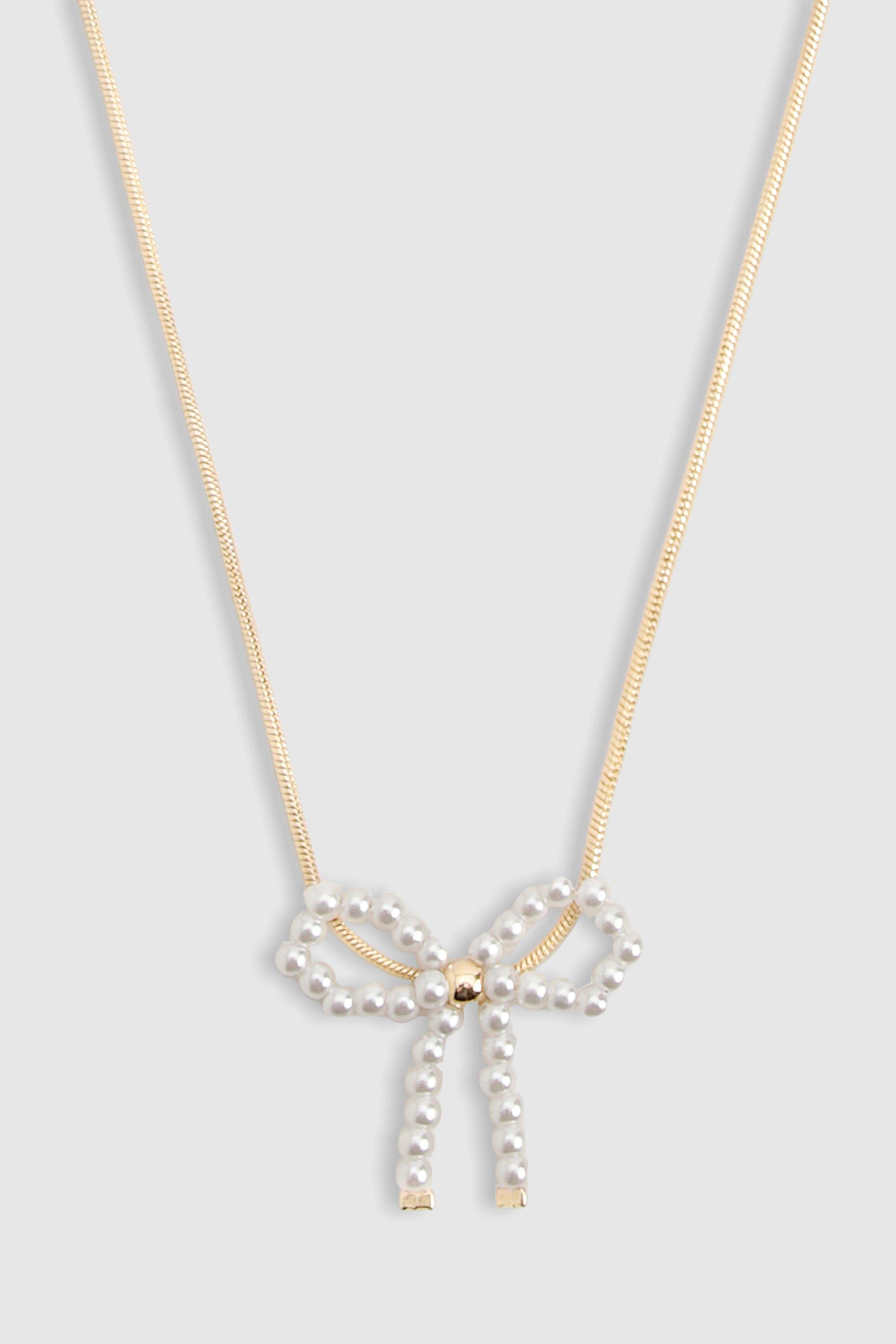 Delicate Gold Pearl Detail Bow Necklace - White - ONE SIZE