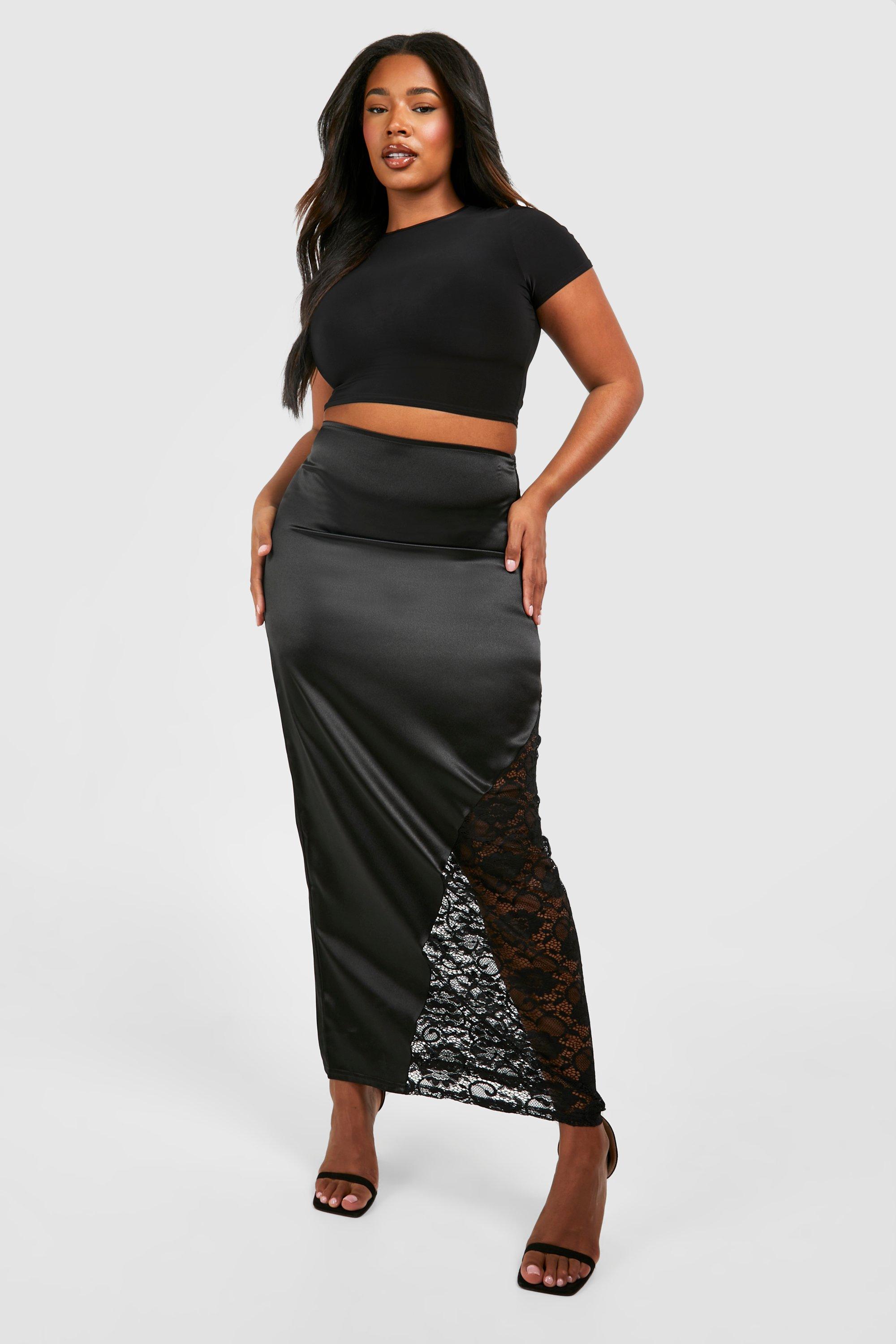 Image of Plus Lace Insert Satin Maxi Skirt, Nero