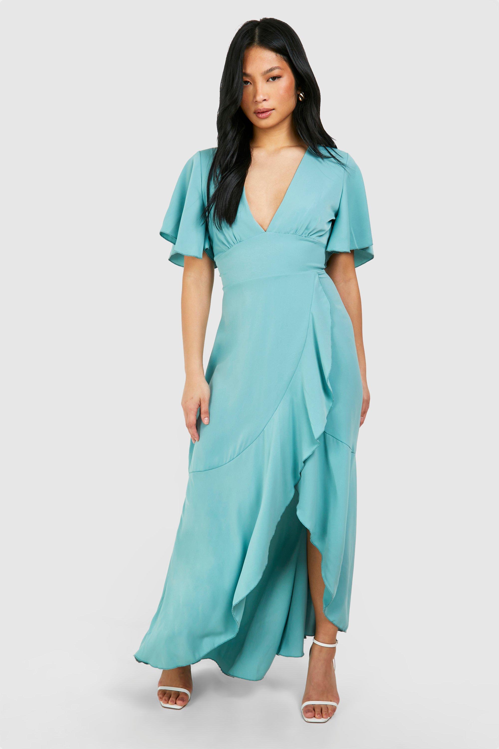 Petite Angel Sleeve Wrap Front Satin Maxi Dress - Green - 16 product