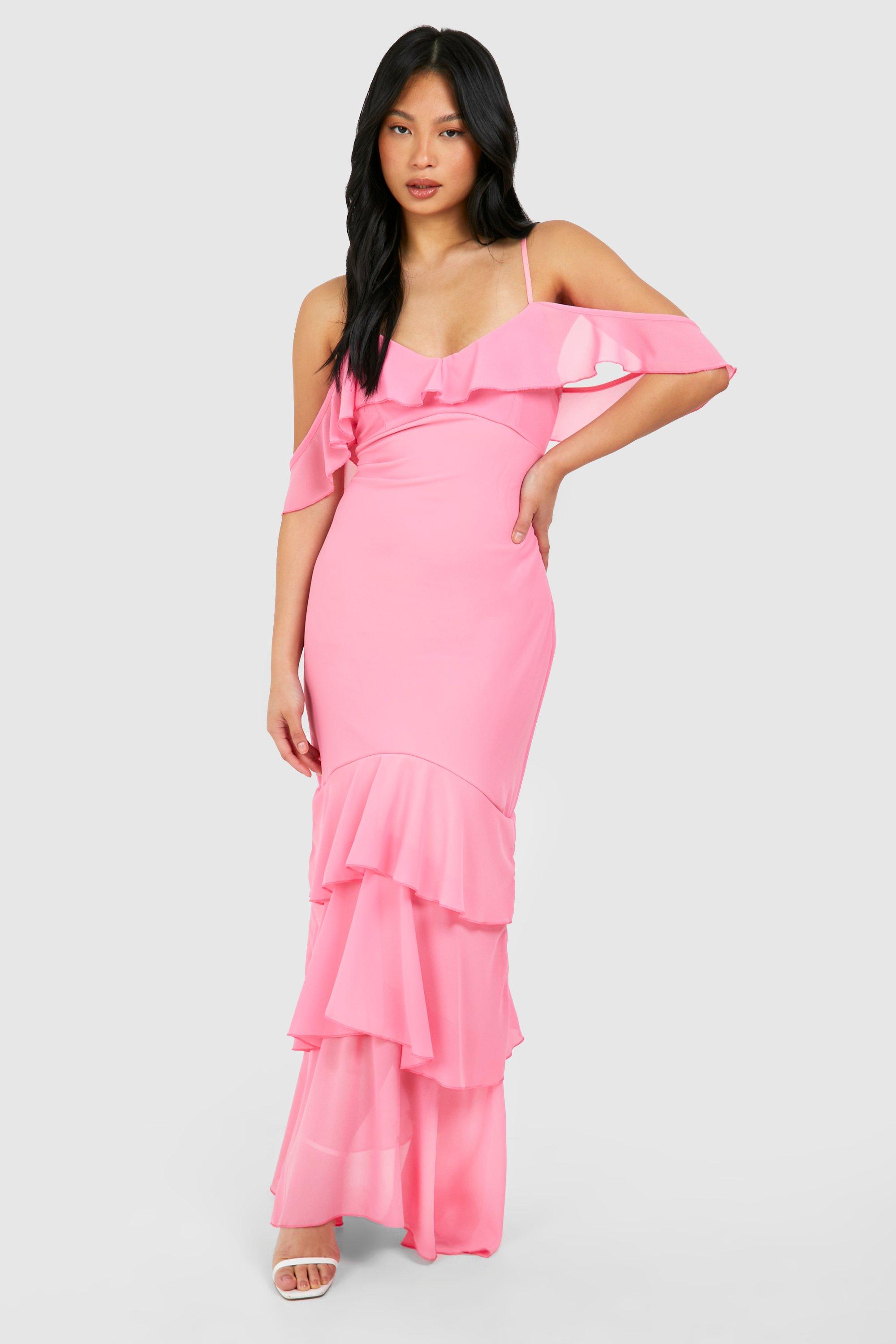 Petite Cold Shoulder Ruffle Hem Chiffon Maxi Dress - Pink - 16