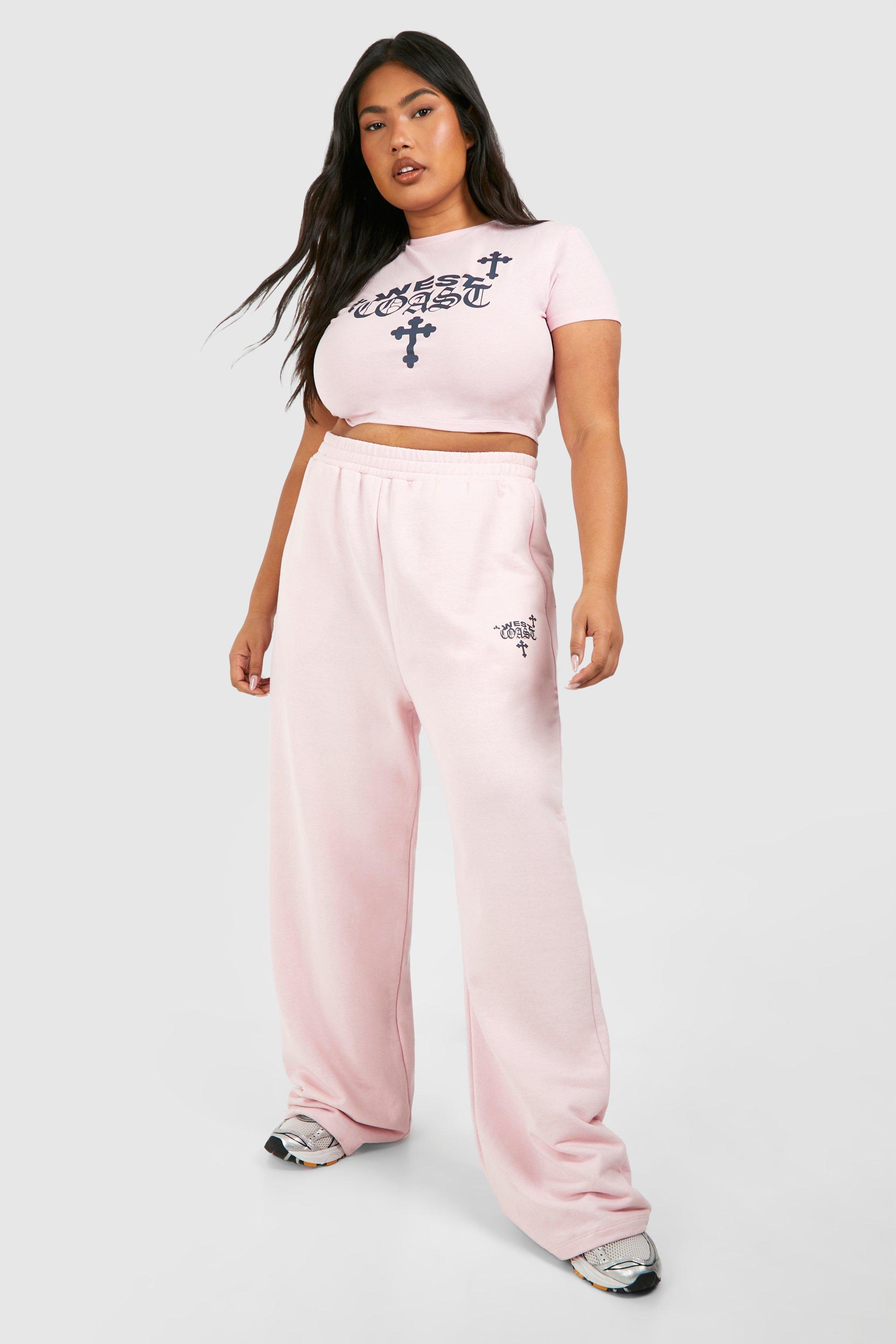 Image of Plus West Coast Cross Print Baby Tee And Straight Leg Jogger Set, Pink