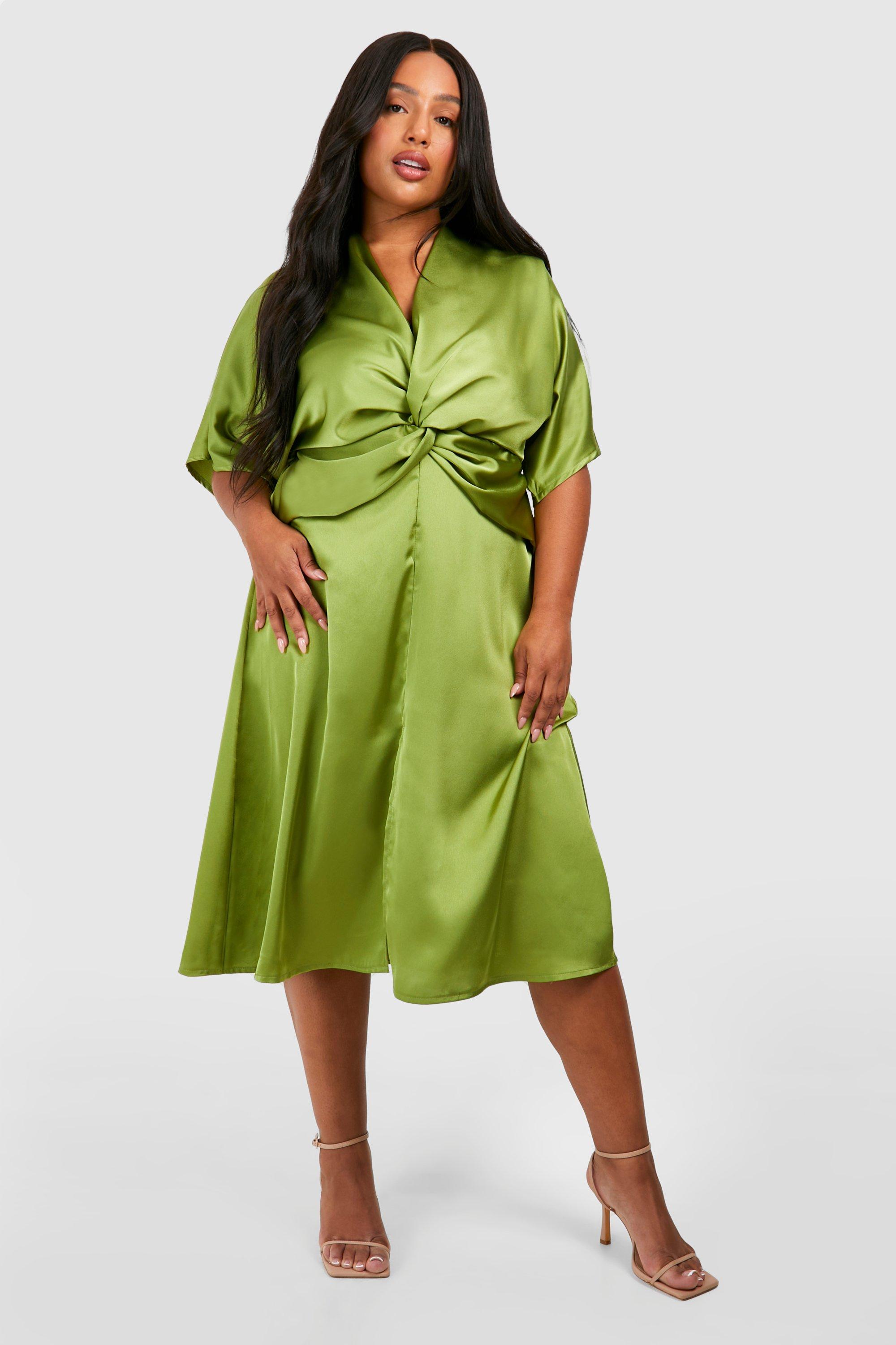 Image of Plus Satin Twist Front Angel Sleeve Midi Dress, Verde