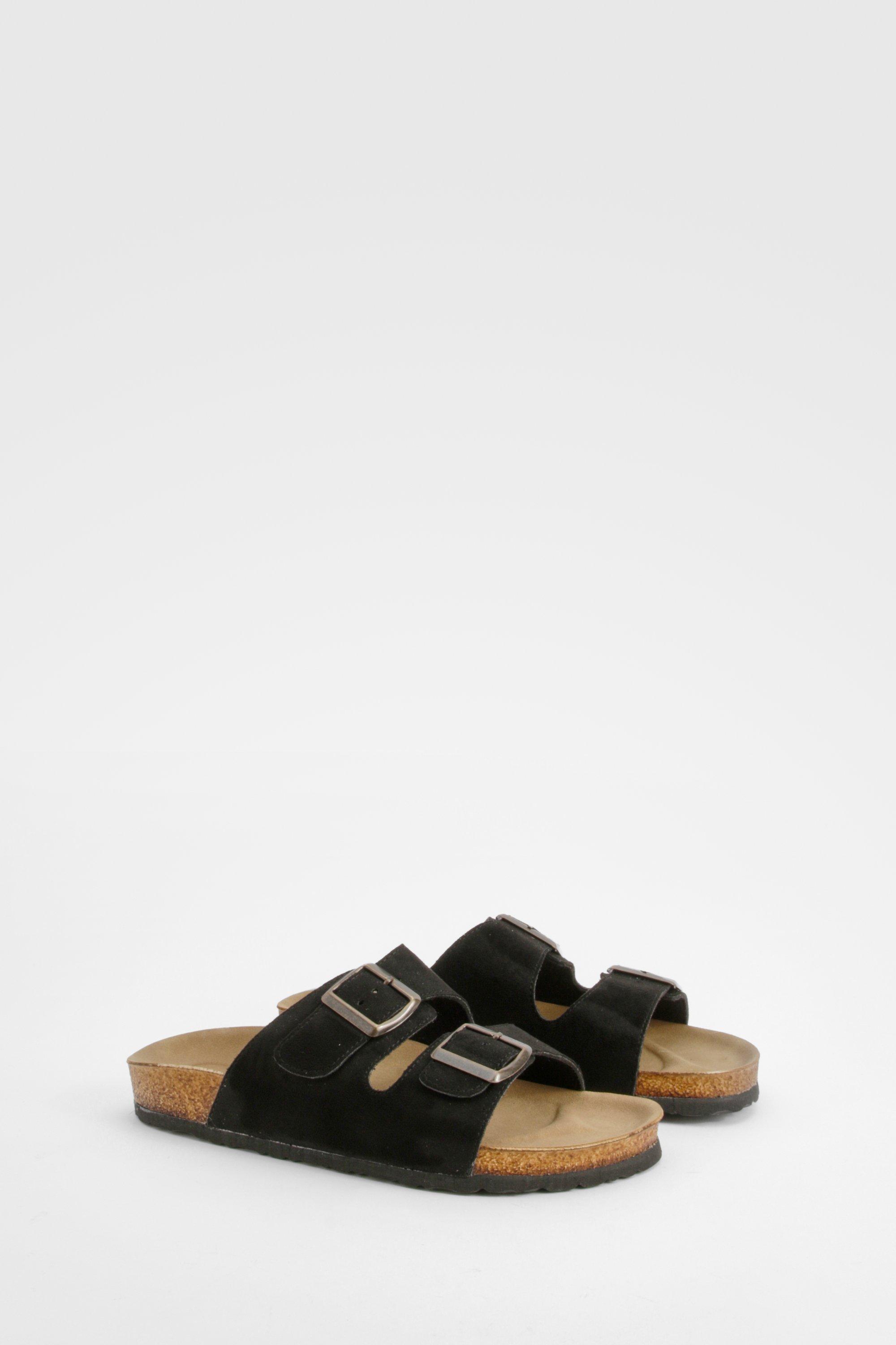 Image of Wide Fit Double Buckle Footbed Slider, Nero