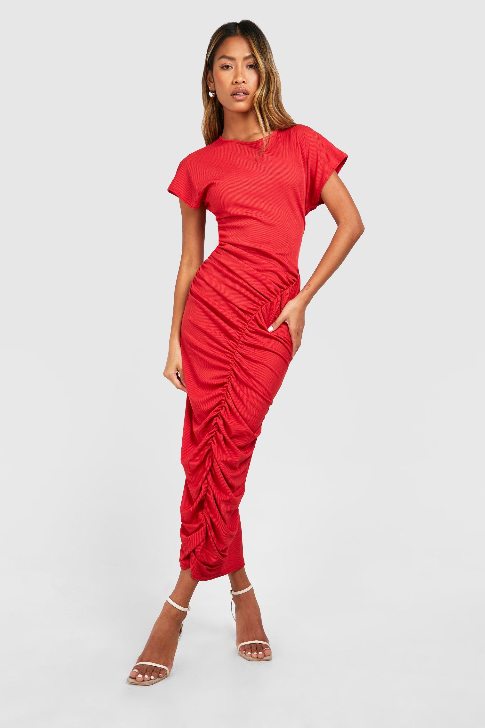 Boohoo Rib Ruched Maxi Dress, Red