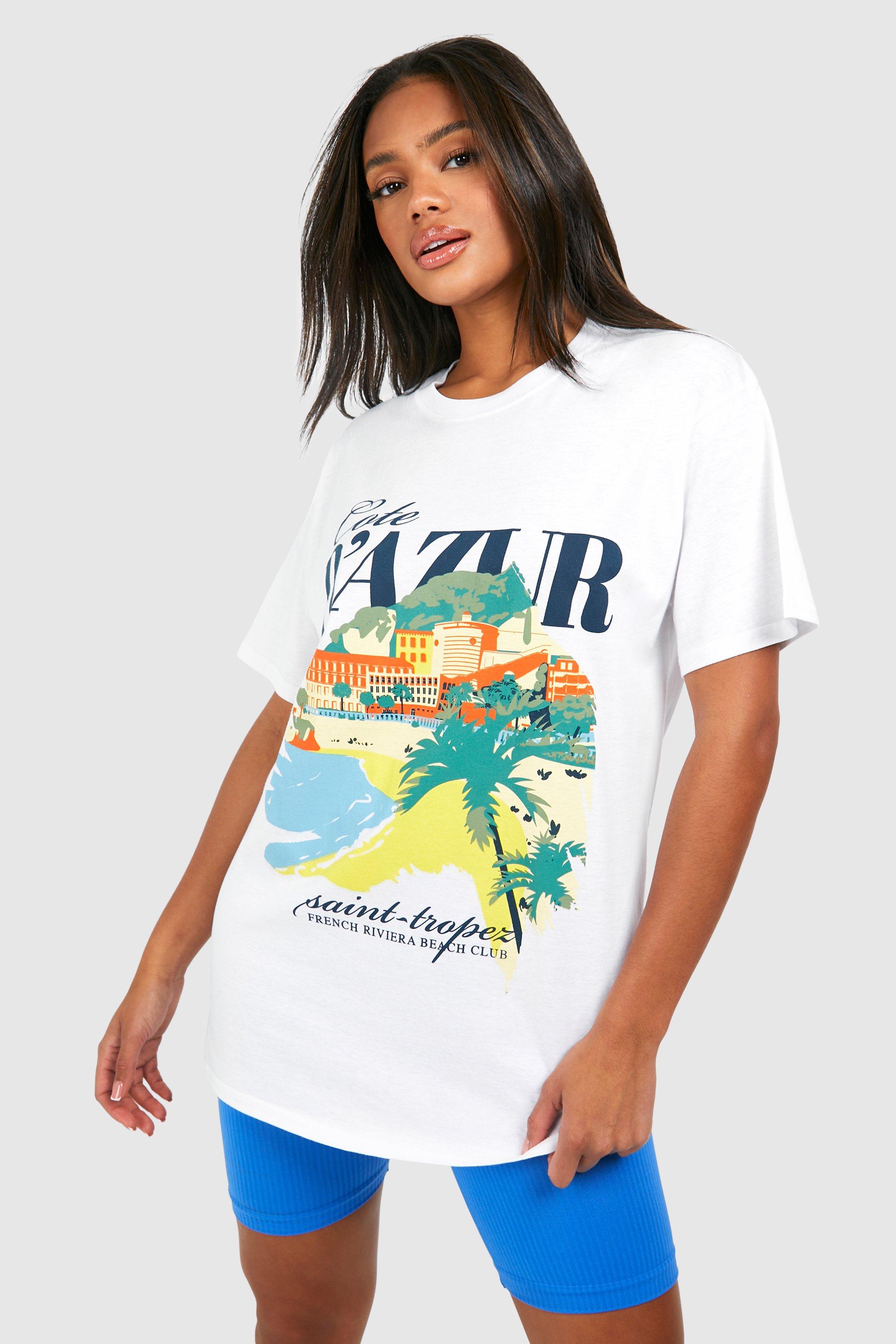Image of Oversized Cote D'azur Printed Cotton Tee, Bianco