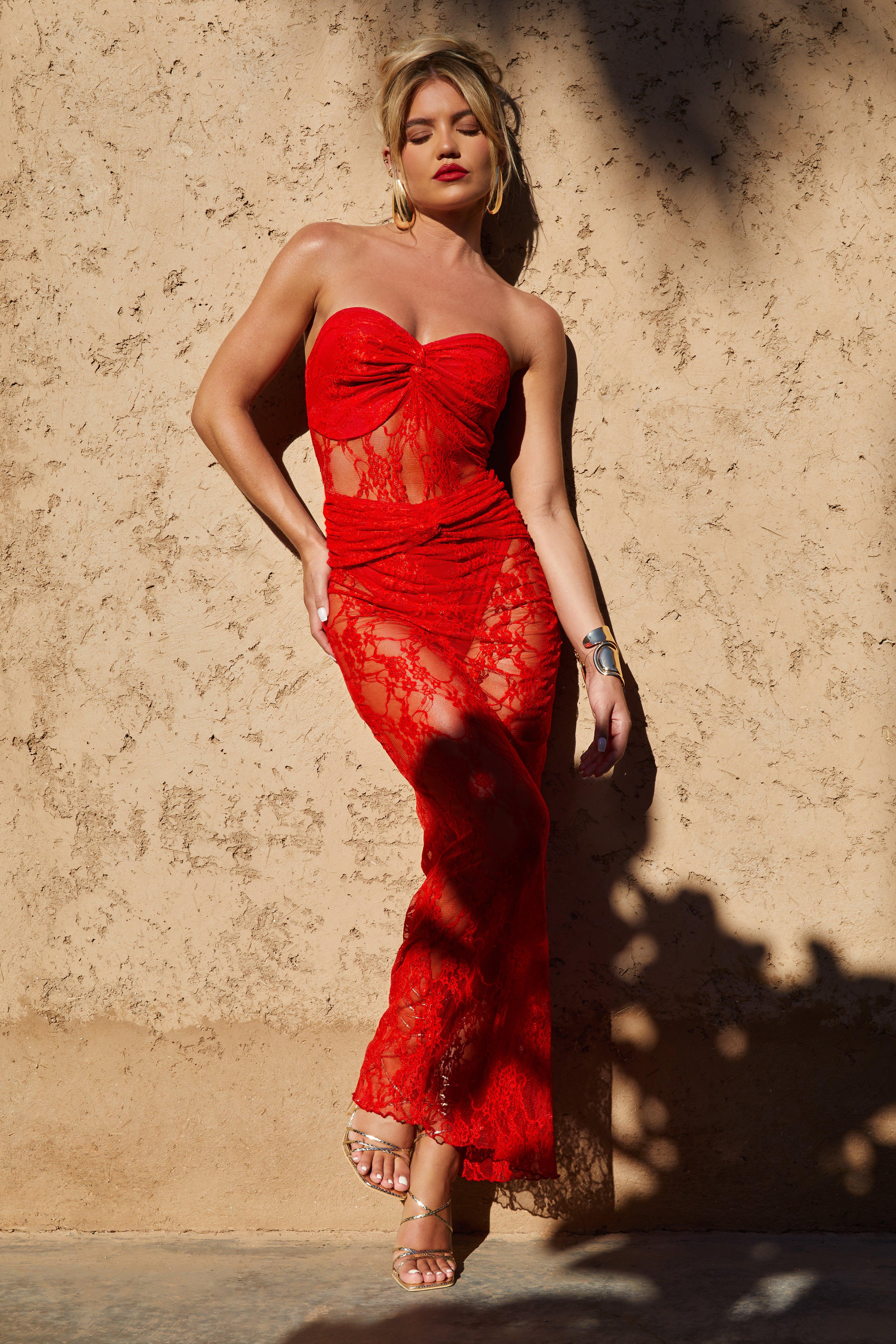 Image of Bandeau Twist Lace Maxi Dress, Rosso