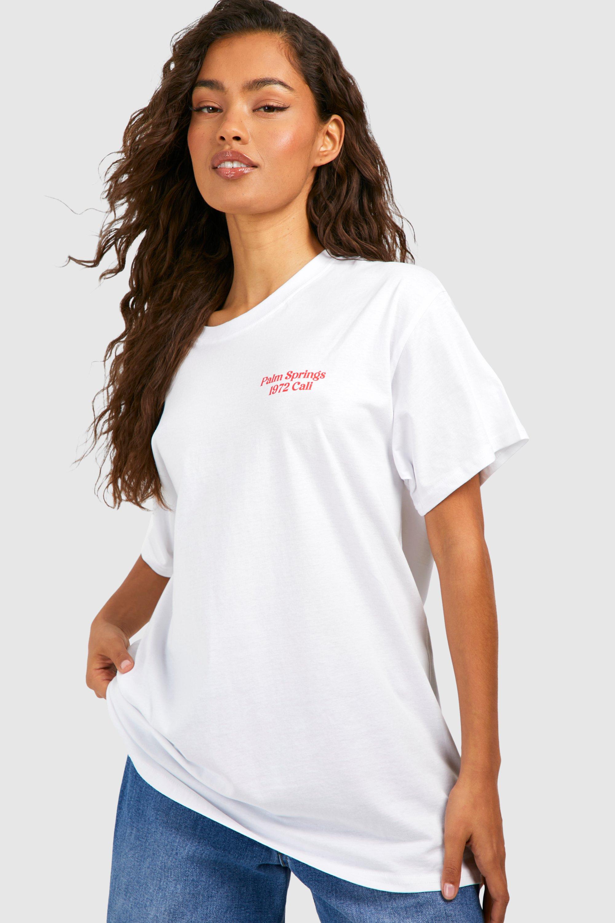 Image of Oversized Palm Springs Chest Print Cotton Tee, Bianco