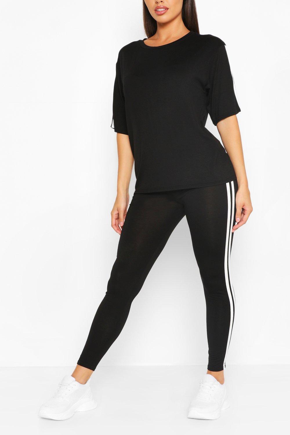 Short Sleeve Side Stripe Loungewear Set, Black