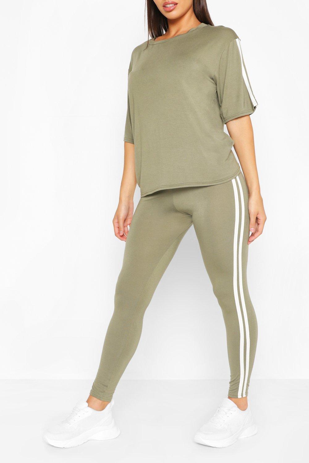 Short Sleeve Side Stripe Loungewear Set, Khaki