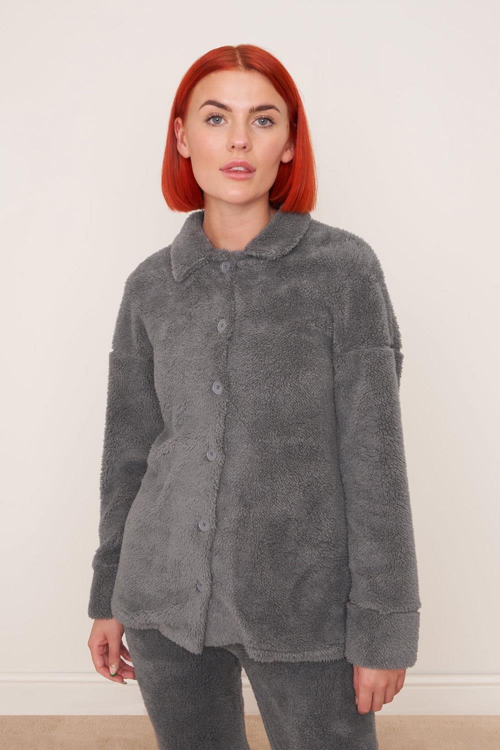  Buttoned Teddy Fleece Collar Shirt Top Cosy Loungewear - Charcoal Grey / Small