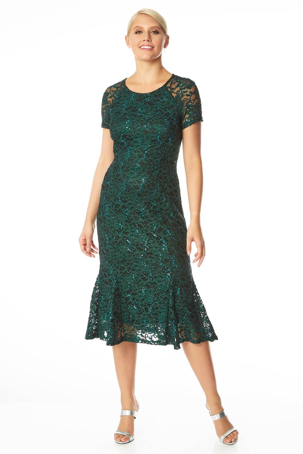 Roman Women's Metallic Lace Sequin Midi Dress|Size: 10|green