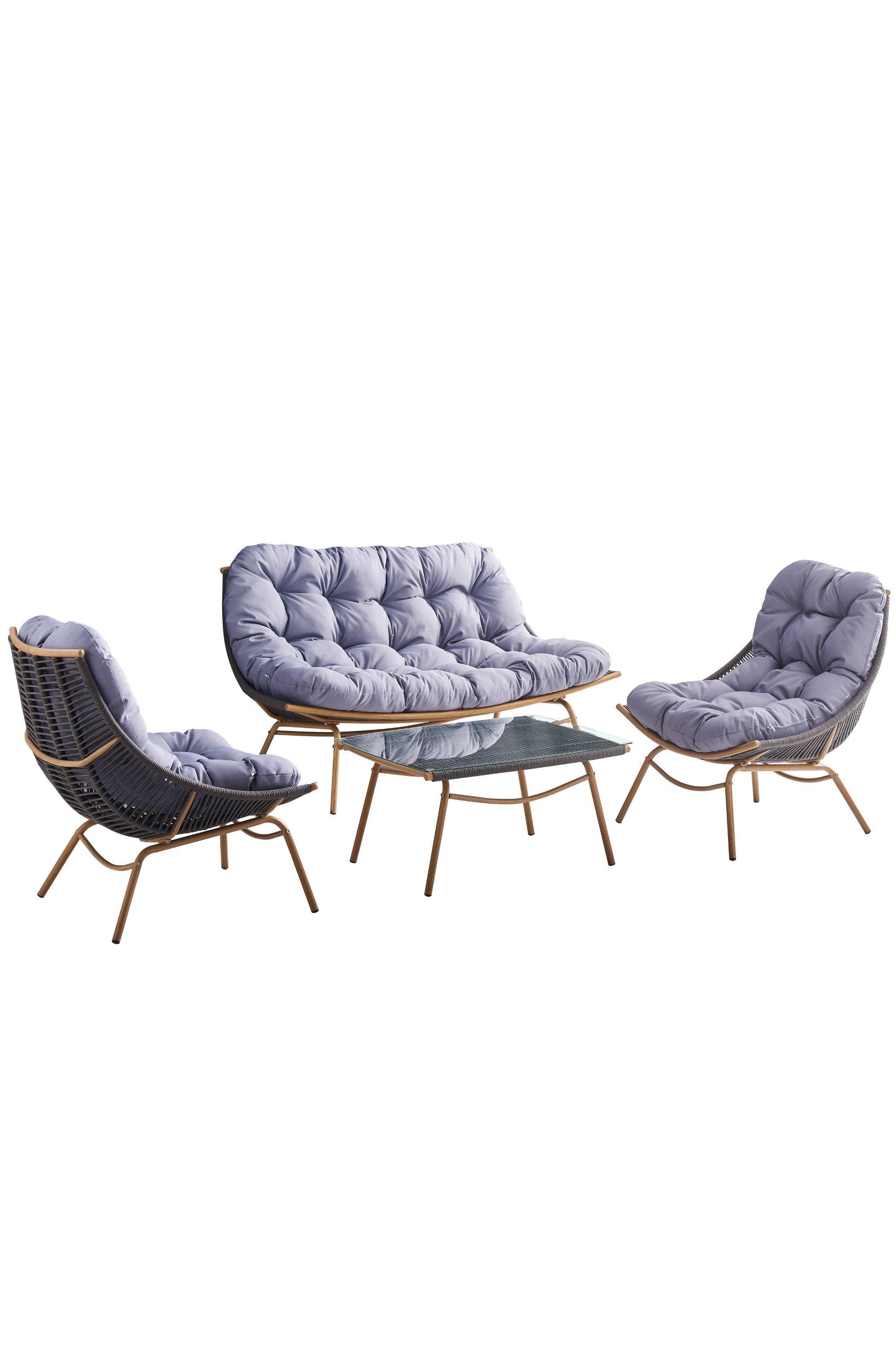 4 Pieces Rattan Outdoor Furniture Sofa Set - Blue Cushions