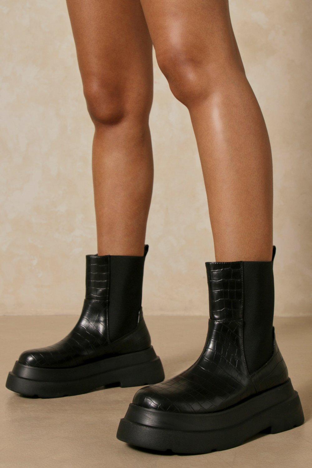 Misspap Womens Croc Chunky Sole Calf High Boots - black - 5, Black