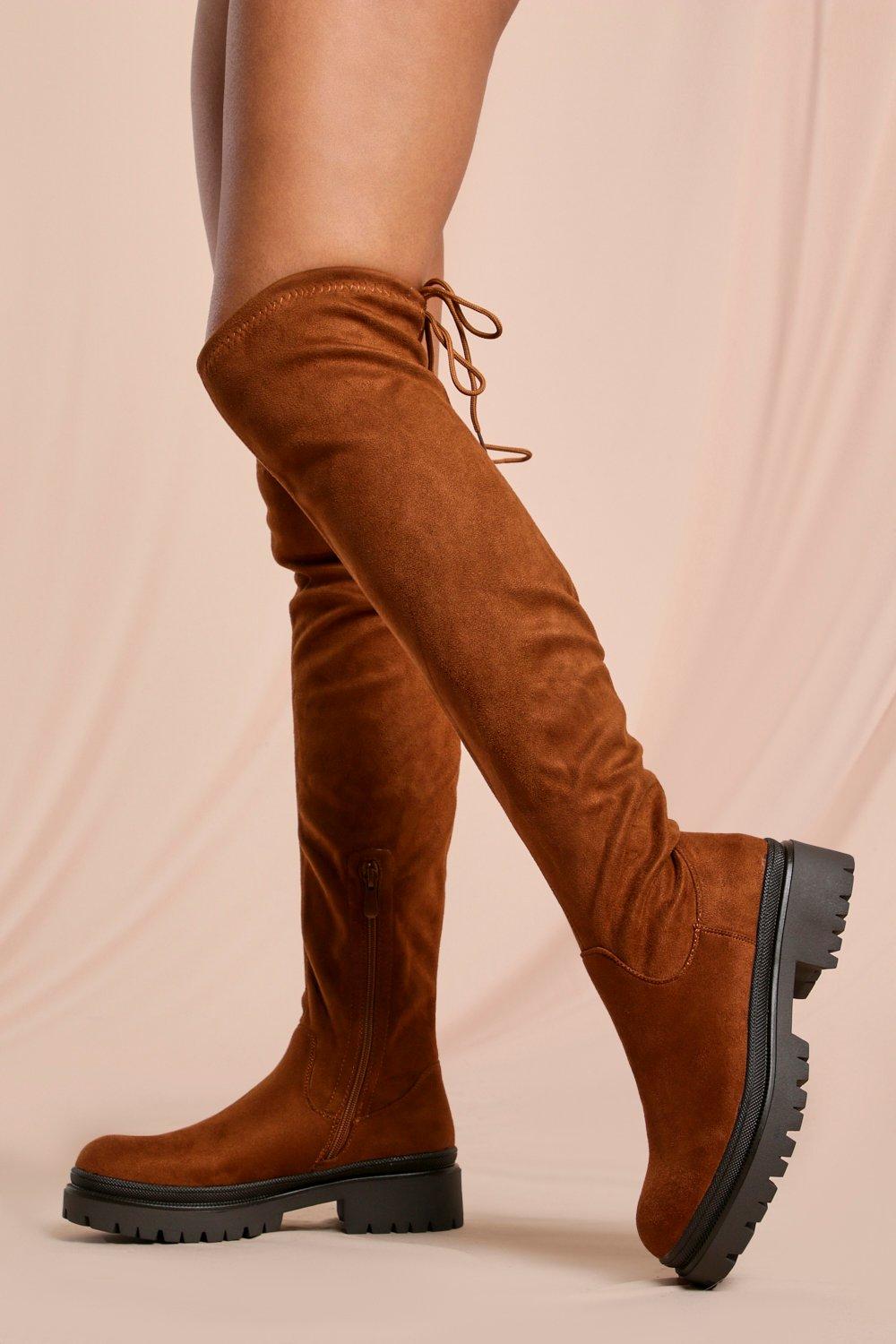Misspap Womens Faux Suede Over The Knee Chunky Boots - camel - 4, Camel