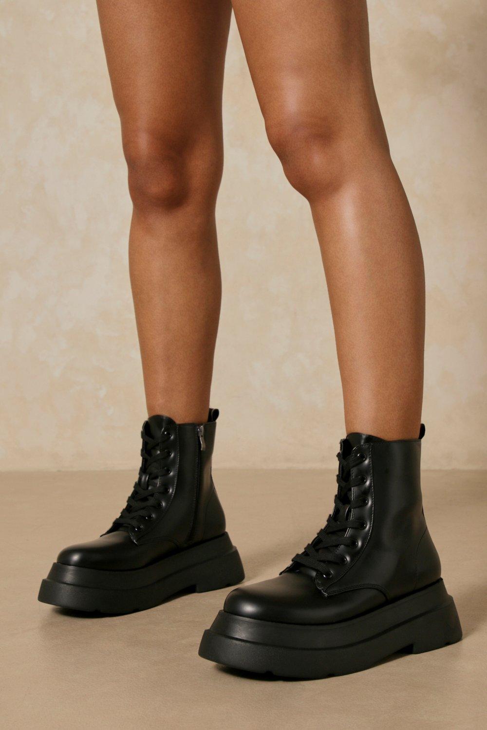 Womens Chunky Platform Lace Up Ankle Boots - black - 6, Black