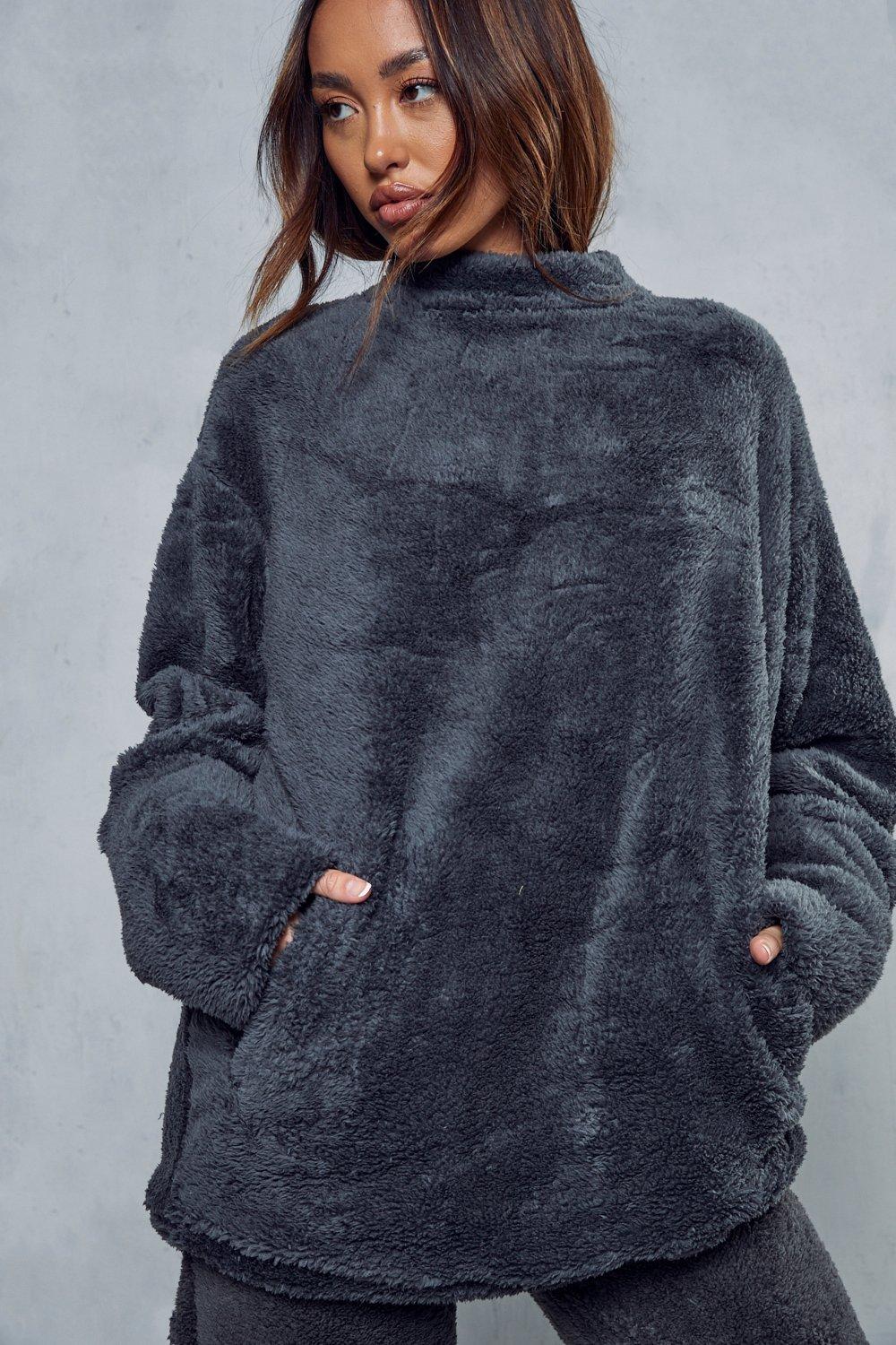 Misspap Womens Teddy Oversized Funnel Neck Pj Top - grey - 8, Grey