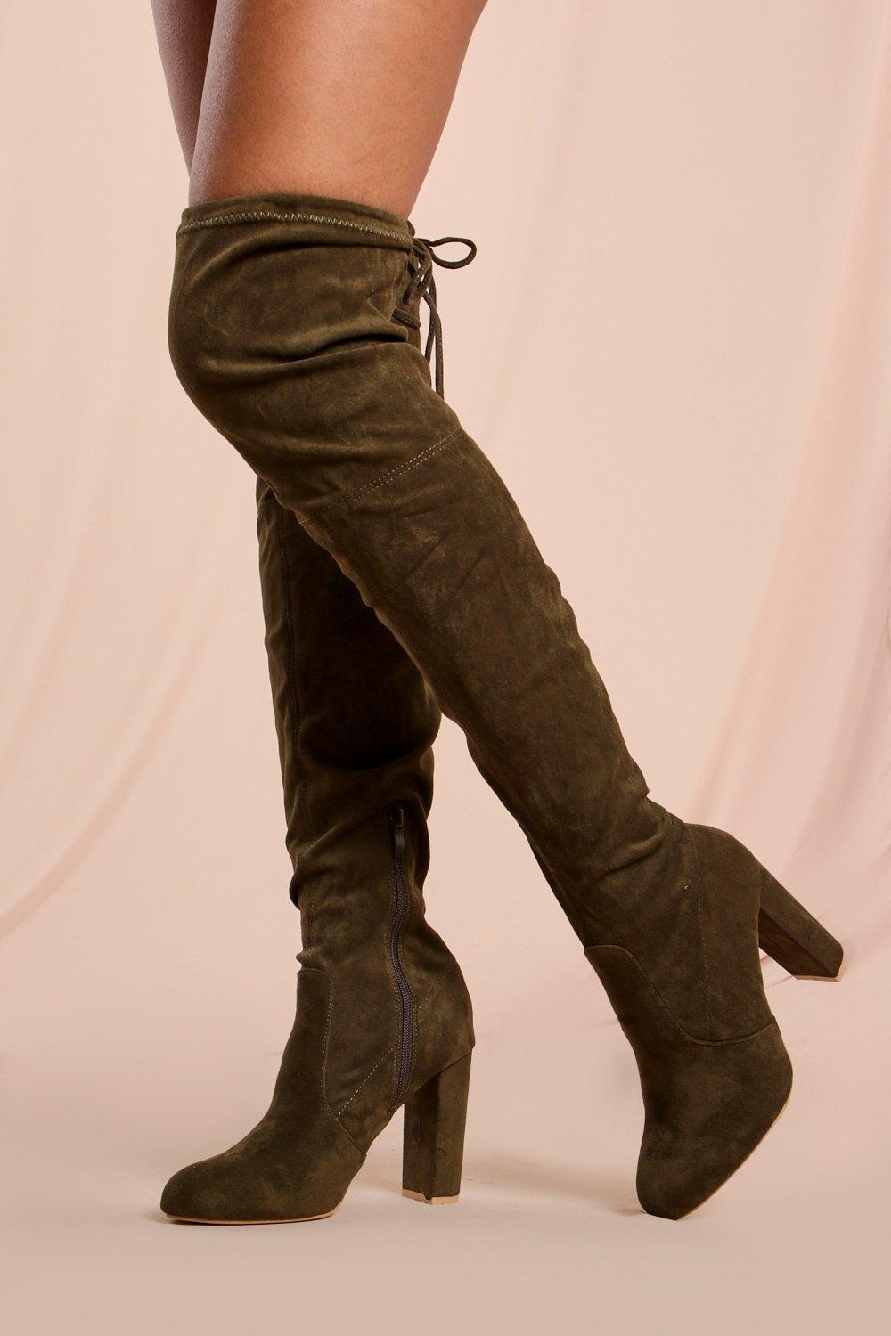 Womens Tie Back Block Heel Thigh High Boots - khaki - 7, Khaki