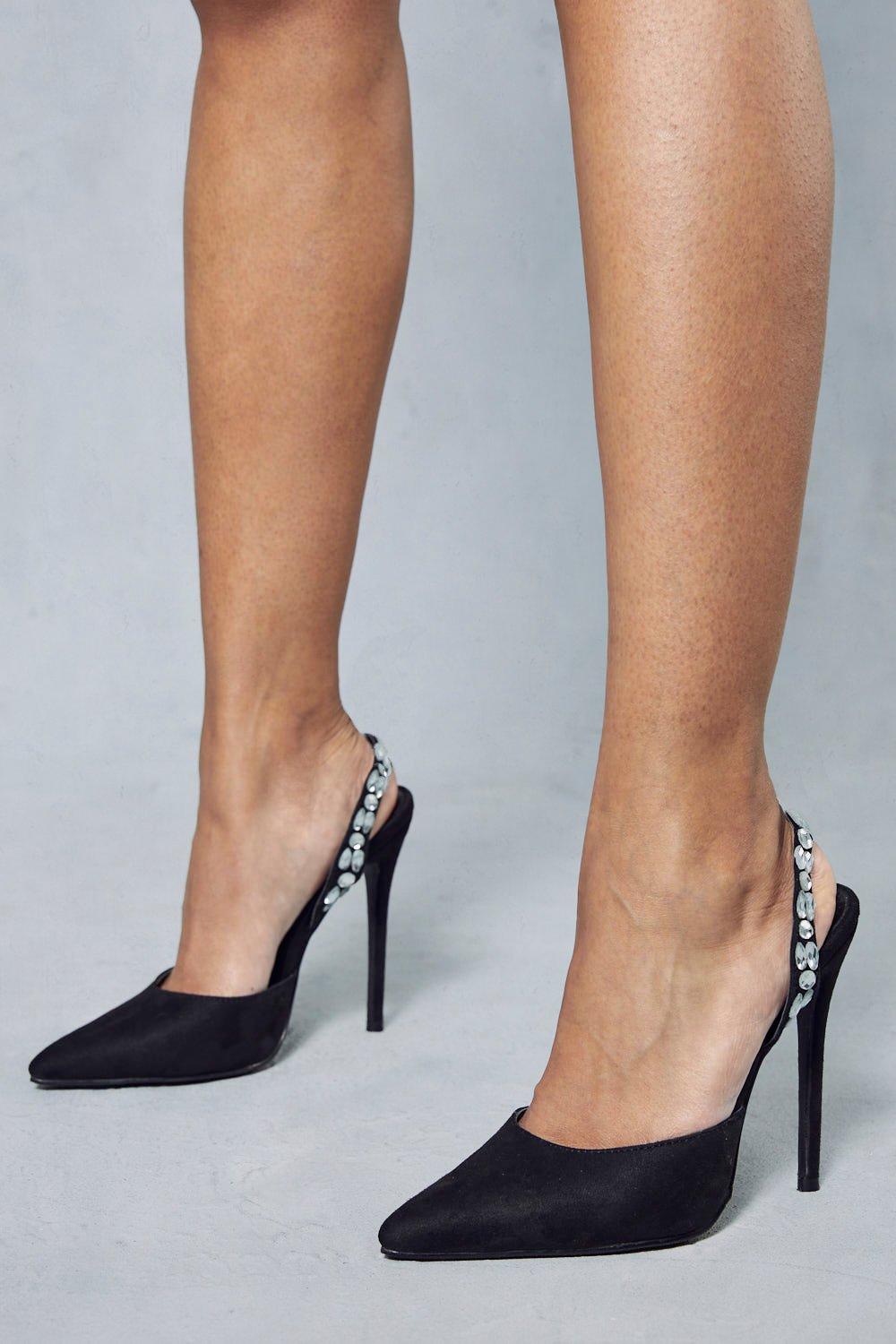 Womens Jewelled Sling Back Heels - black - 4, Black