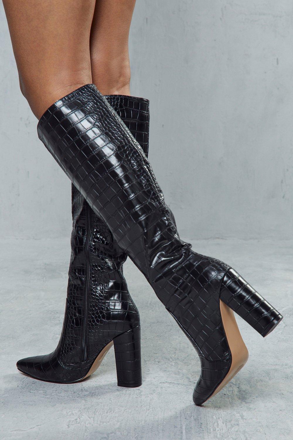 Misspap Womens Croc Print Knee High Heeled Boots - black - 8, Black