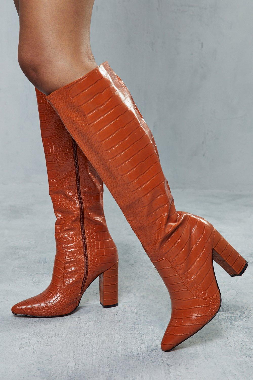Misspap Womens Croc Print Knee High Heeled Boots - camel - 6, Camel