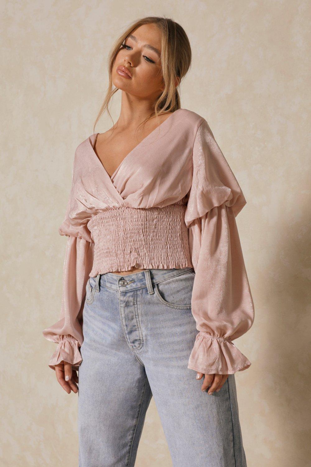 Womens Hammered Satin Balloon Sleeve Ruched Top - pink - 16, Pink