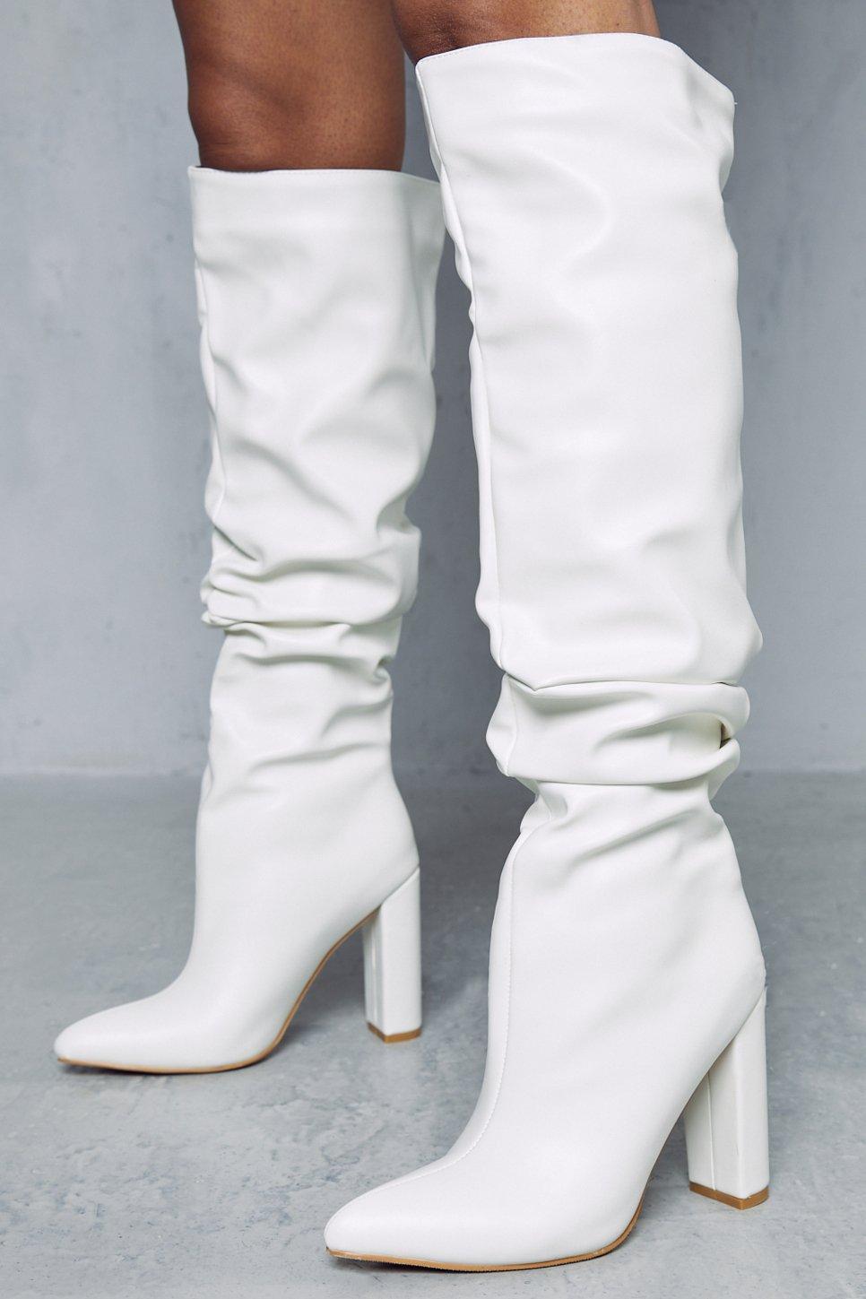 Womens Leather Look Pointed Block Heel Boots - white - 6, White