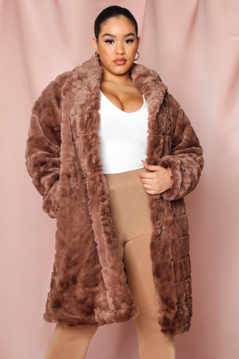 Misspap Womens Hooded Faux Fur Pannel Coat - brown - Xl/xxl, Brown