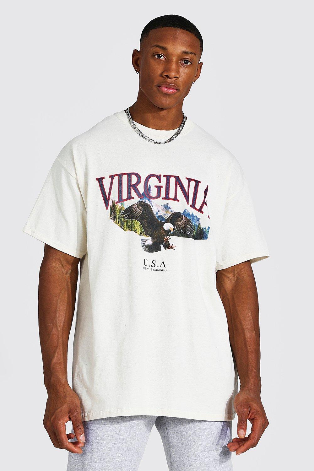 Mens Cream Oversized Virginia Eagle Print T-shirt, Cream