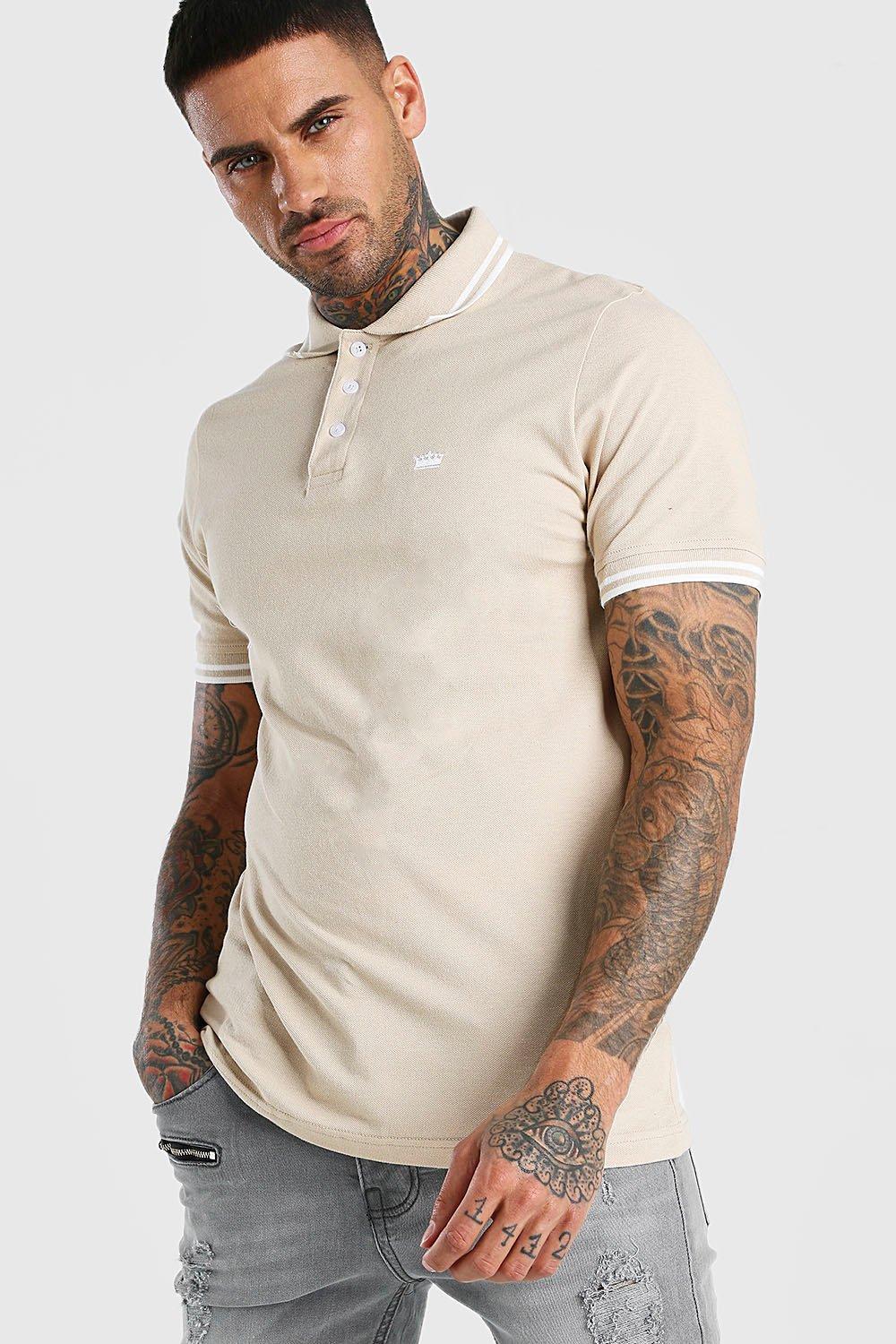 Mens Beige Crown Embroidered Tipped Pique Polo, Beige