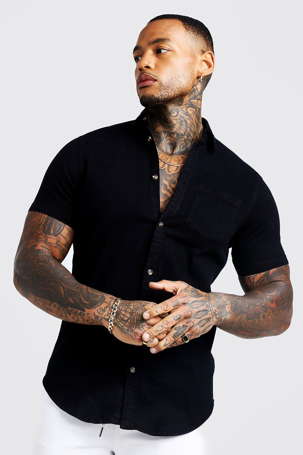 Mens Black Short Sleeve Denim Shirt In Muscle Fit, Black