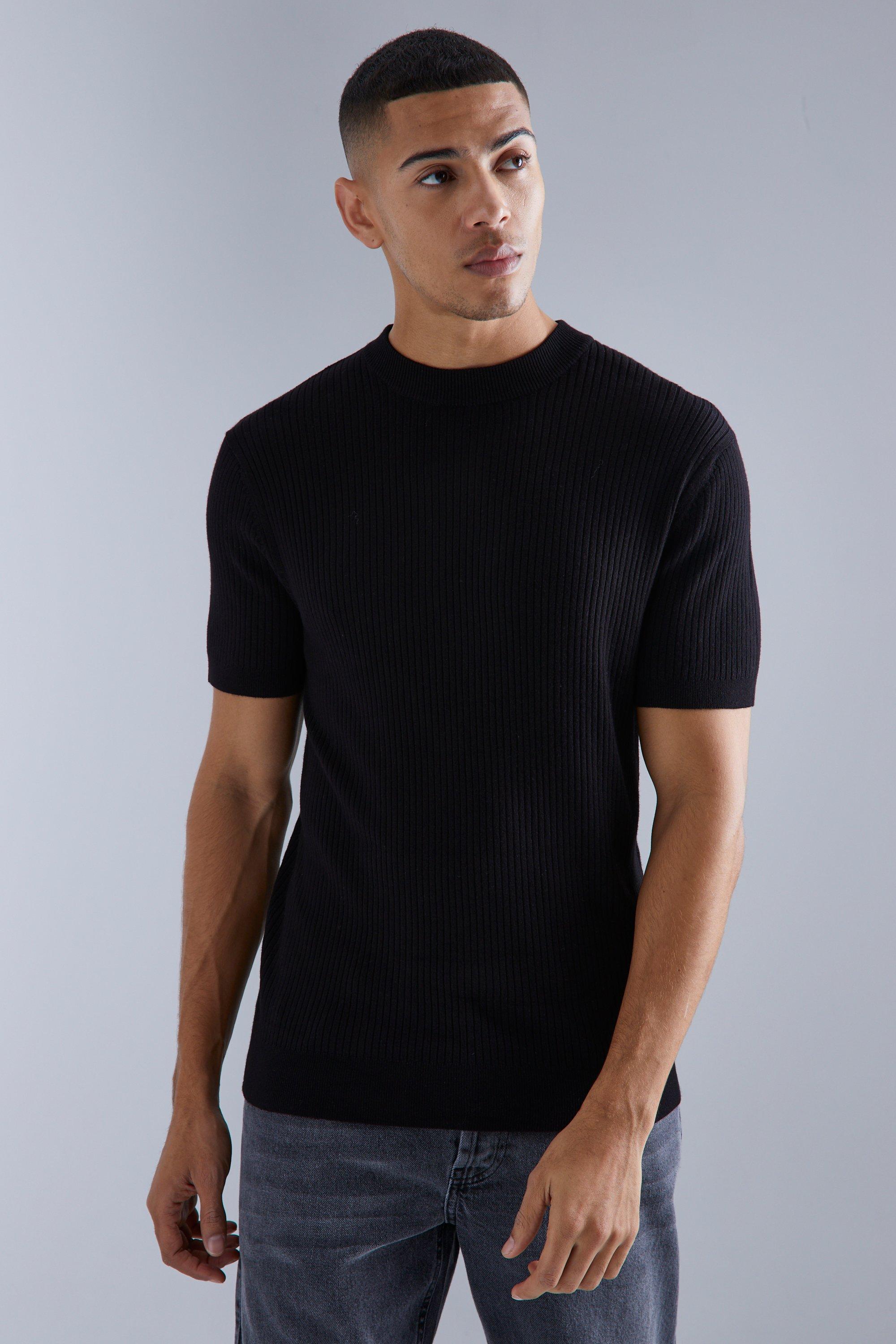 Mens Black Short Sleeve roll/polo neck Rib Knitted T-shirt, Black