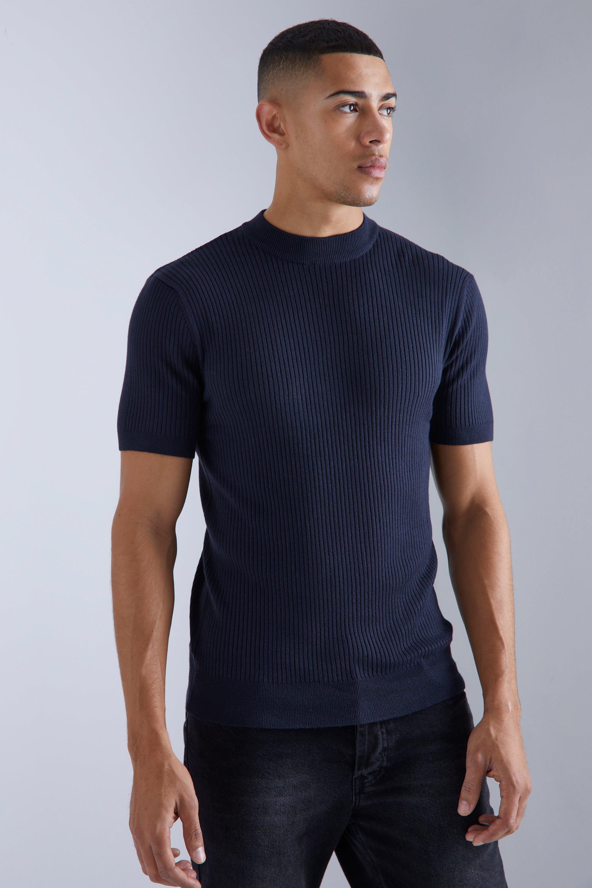Mens Navy Short Sleeve roll/polo neck Rib Knitted T-shirt, Navy