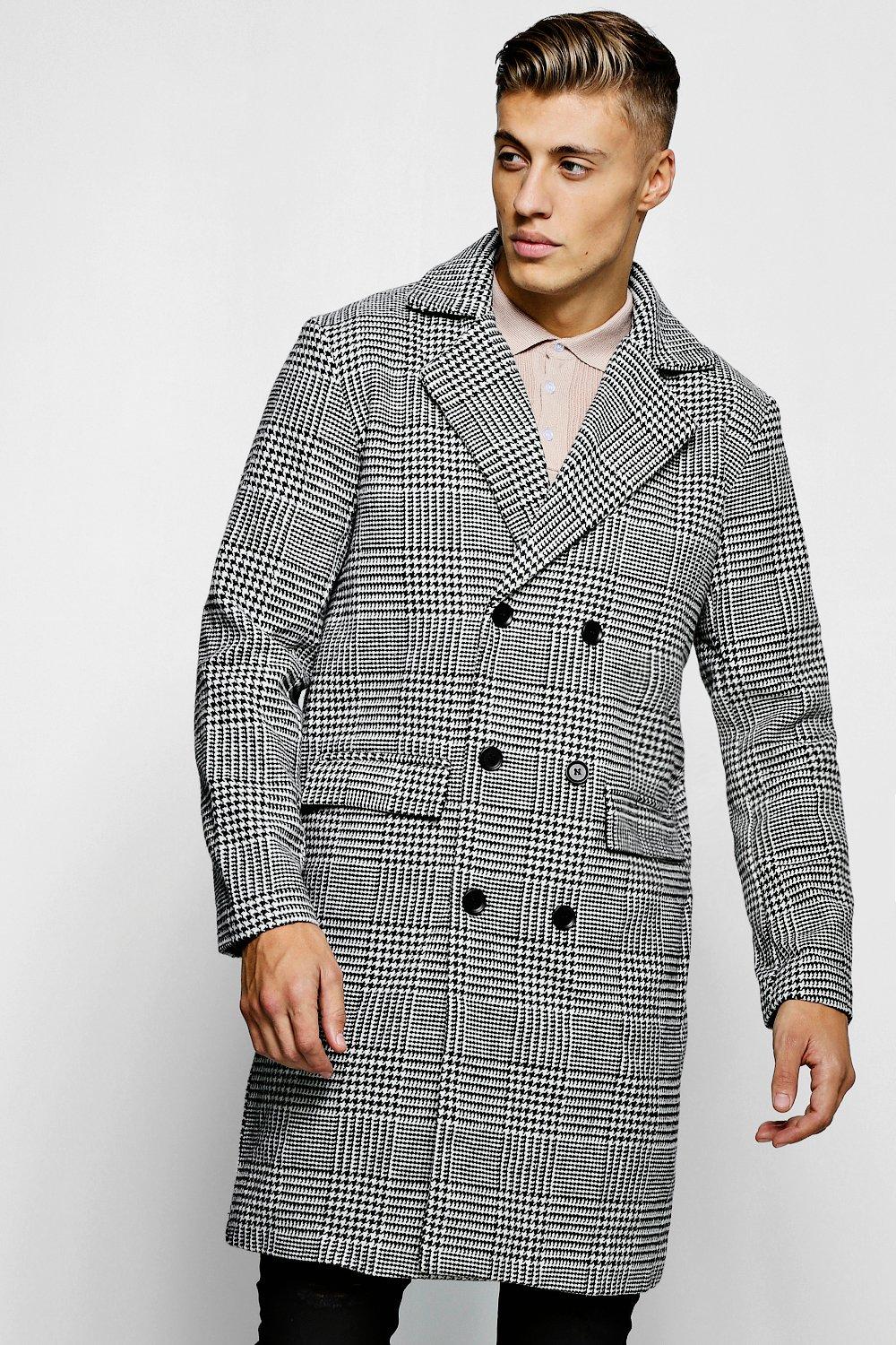 Prince Of Wales Check Wool Look Overcoat from BoohooMan.com