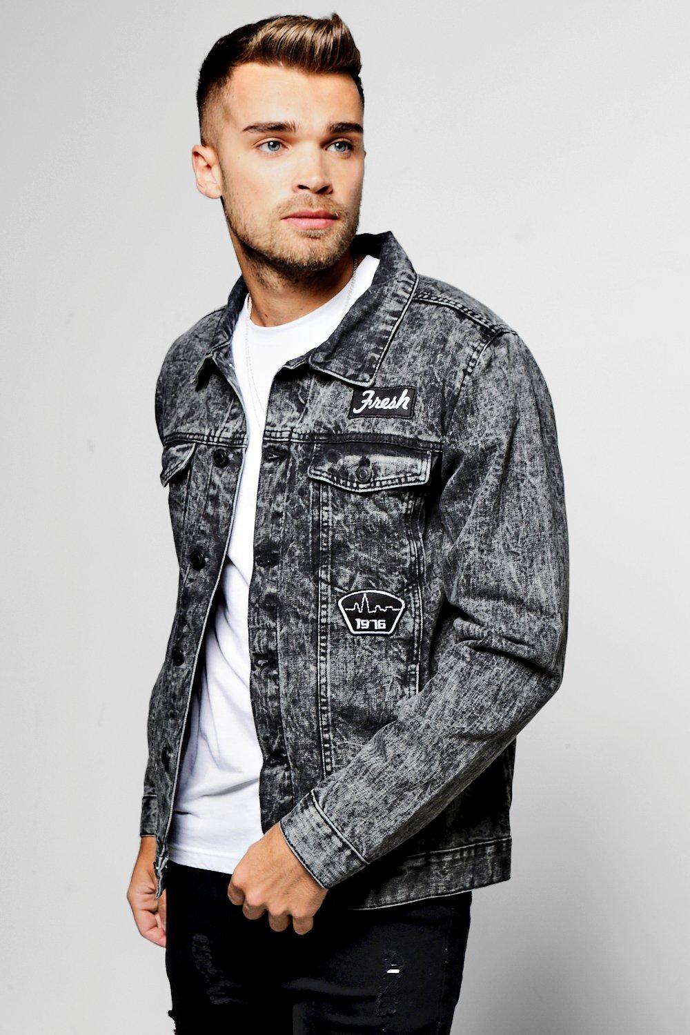 Charcoal Denim Jacket With Badges boohooMAN