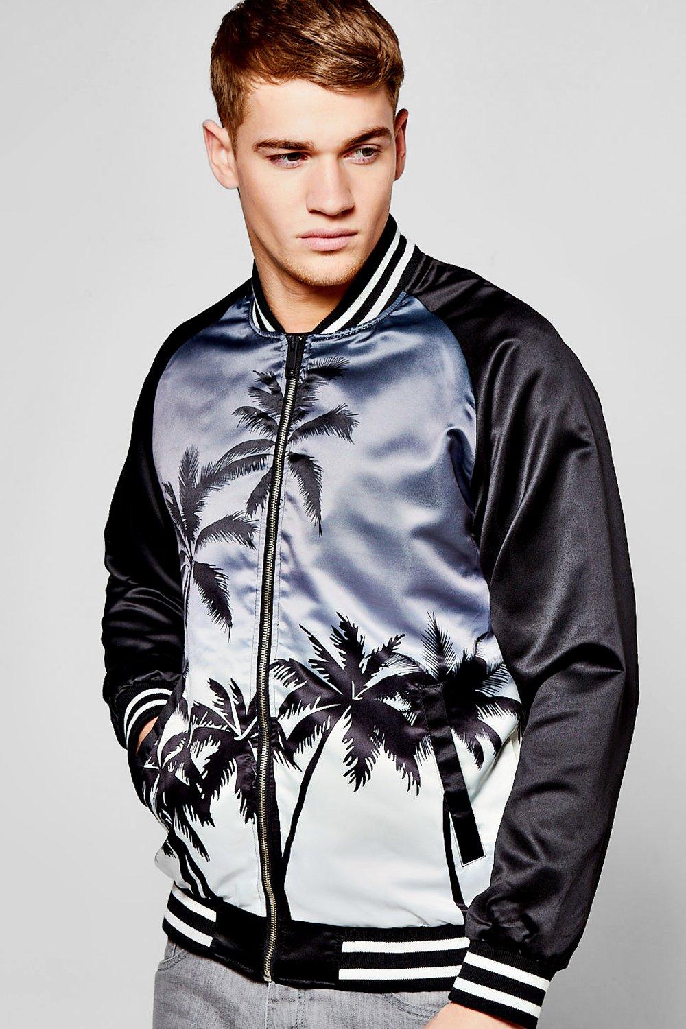 Palm Print Satin Souvenir Bomber