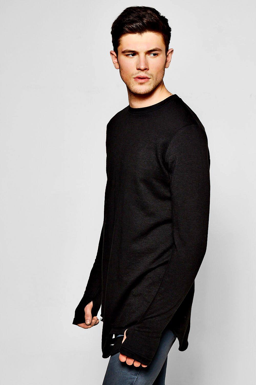 Distressed Curve Hem Sweater With Thumb Hole