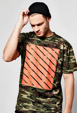 Oversized Camo Print T Shirt With Orange Print