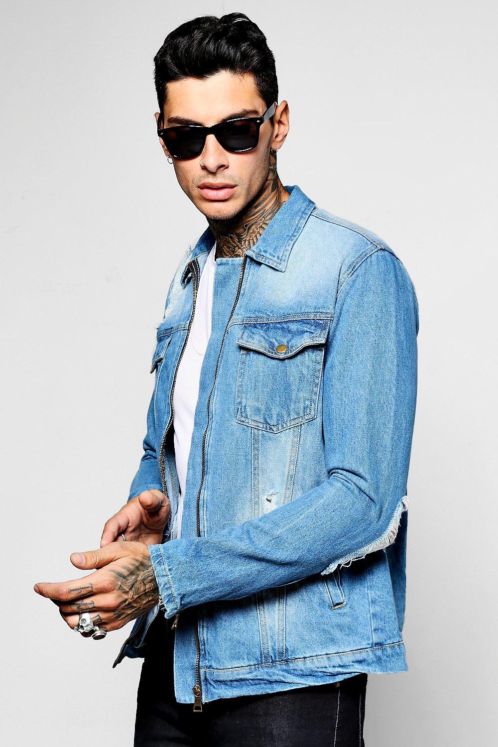 Distressed Denim Jacket with Problem Print