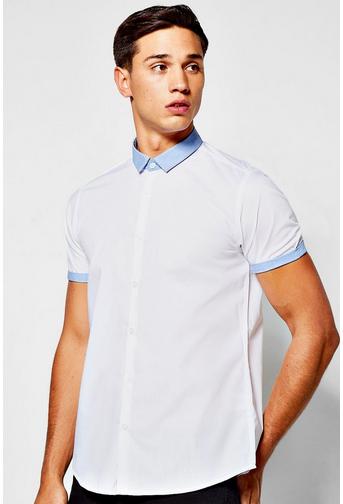 Short Sleeve Shirt With Chambray Collar