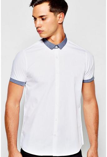 Short Sleeve Shirt With Chambray Collar