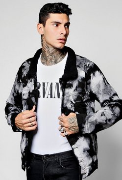 Heavily Bleached Denim Jacket with Borg Collar