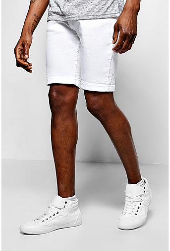 Skinny Fit White Denim Shorts In Mid Length