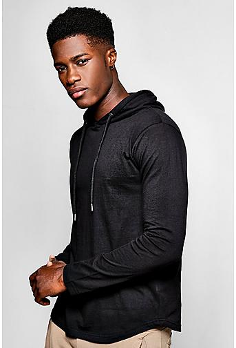 Longline hooded T Shirt With Curved Hem