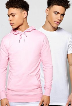 2 Pack Longline T Shirt & Over The Head Hoodie