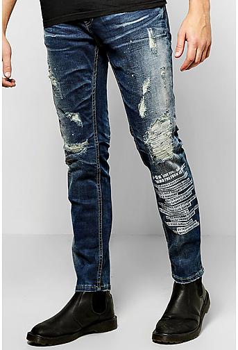 Slim Fit Ripped Jeans With Print