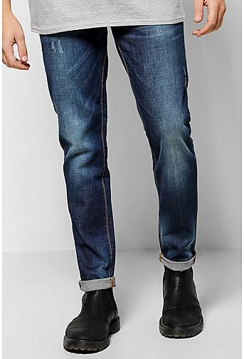 Slim Fit Mid Wash Jeans With Sand Blasting