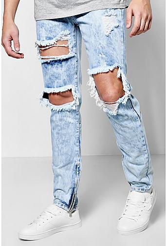 Skinny Fit Rigid Acid Wash Ripped Jeans
