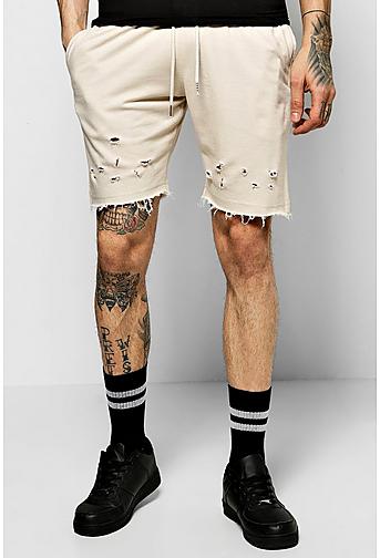 Jersey Shorts With Distressing & Raw Edges